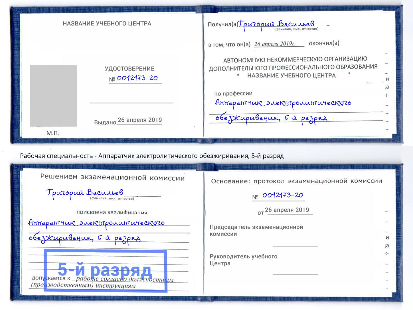 корочка 5-й разряд Аппаратчик электролитического обезжиривания Якутск